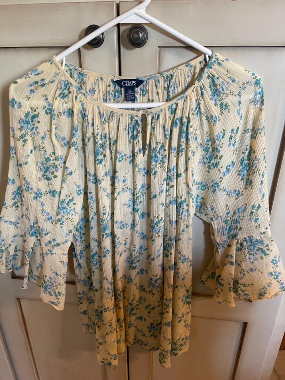 Chaps Cream Blouse with Blue Floral Print